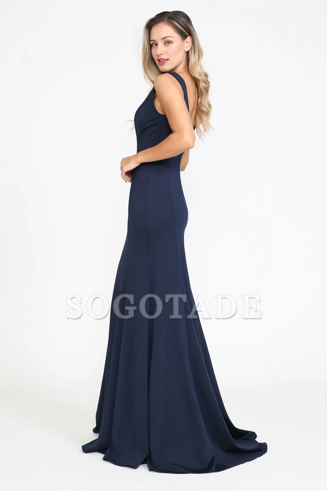 Long illusion deep V-neck fitted dress