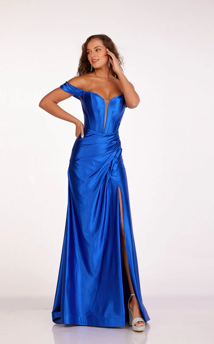 Off shoulder collar satin high slit and floor length Prom dress