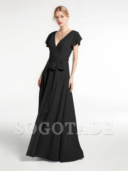 V-neck hooded sleeve self bow chiffon dress