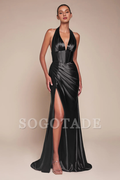 Tailored slit skirt satin long hanging neck tight corset dress