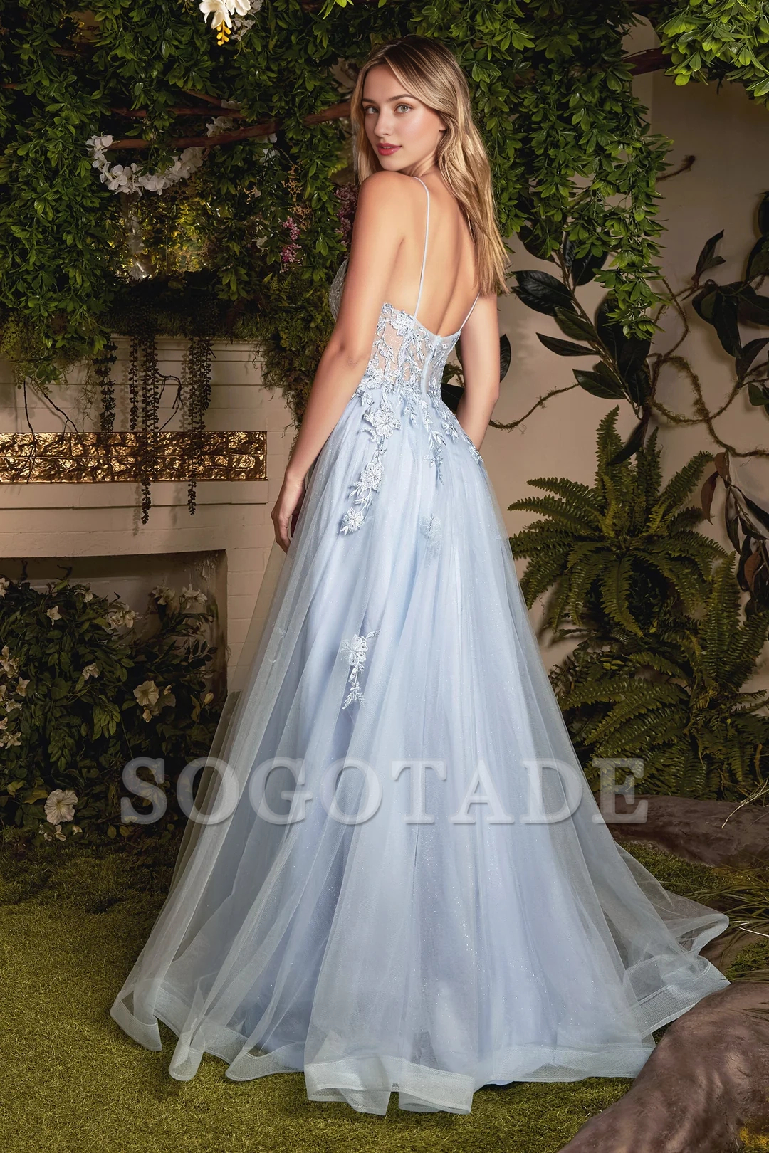 A-line skirt flower decal long sleeveless tight corset dress