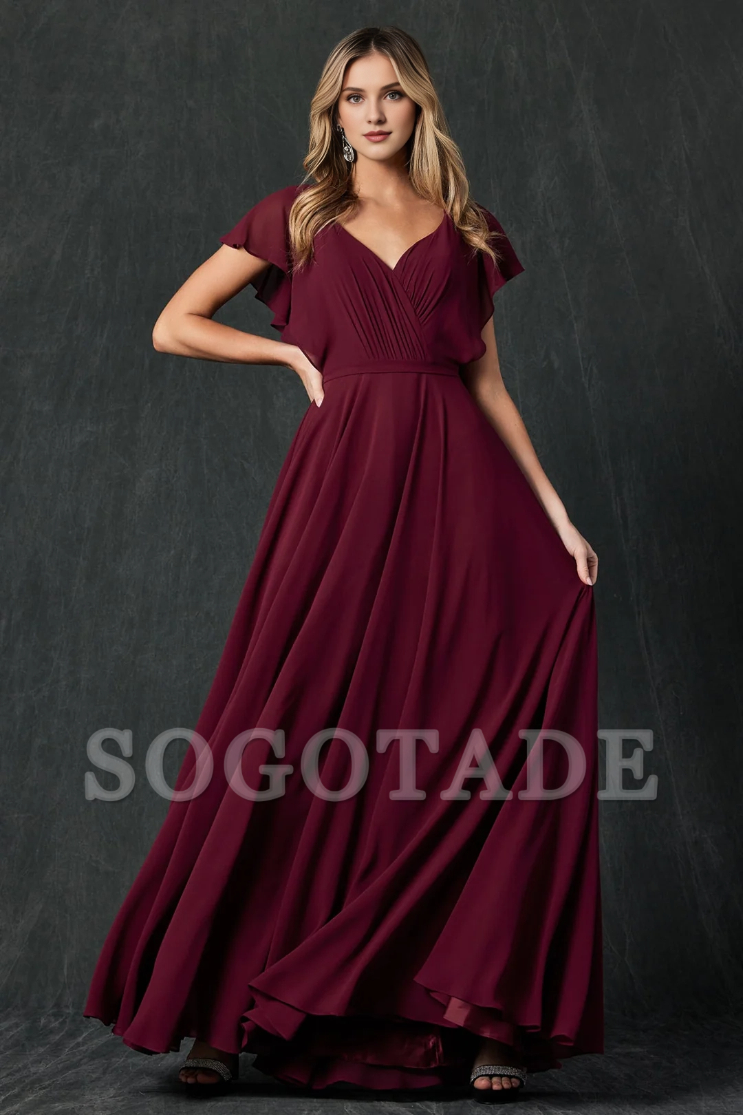 Stacked back transparent flowing sleeve chiffon dress