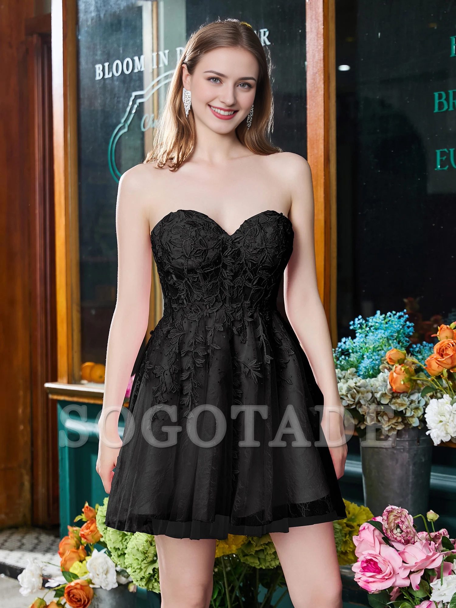 Sweetheart strapless decal strap A-line mini Homecoming dress