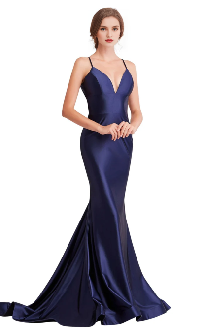 Mermaid V-neck slim shoulder strap backless and floor length evening gown