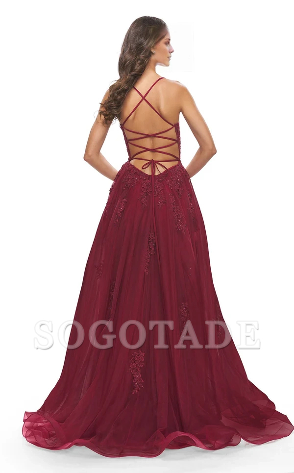 A-line deep straight neckline beaded lace tight corset sheer and floor length Prom ress-SOGOTADE