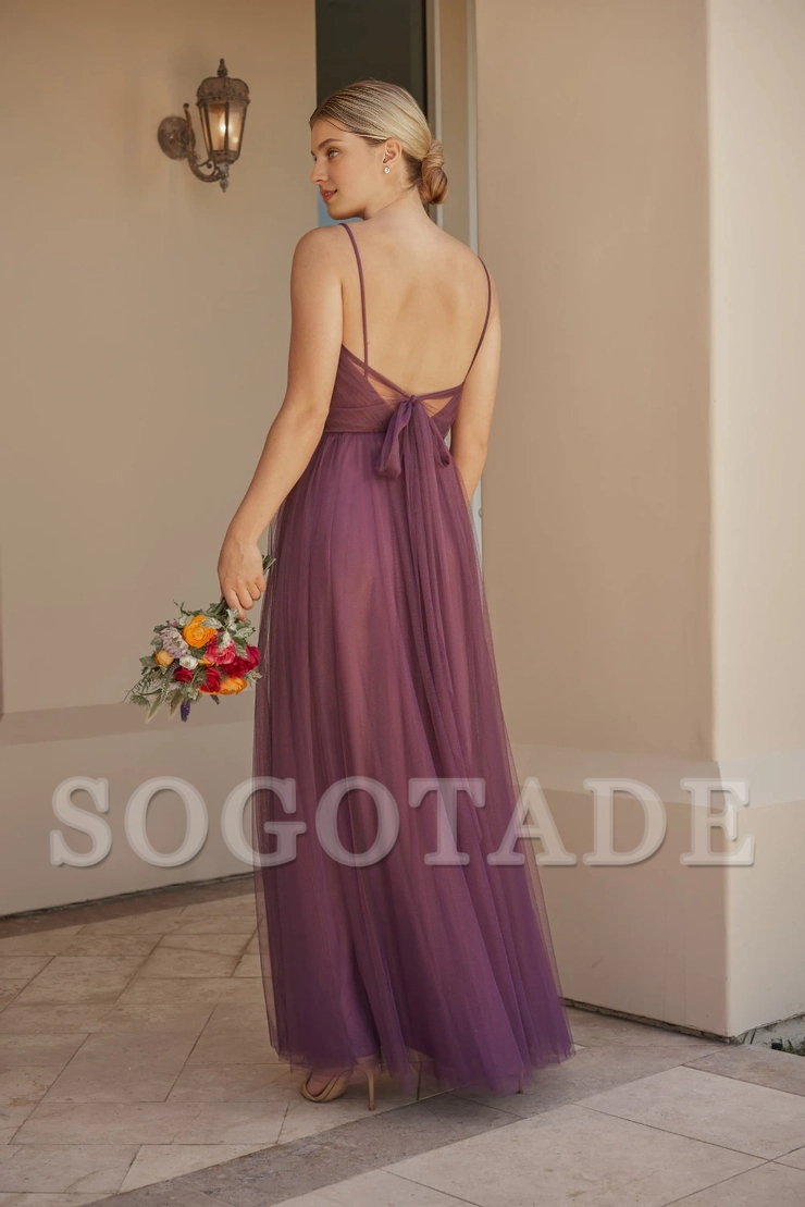 Chiffon A-line thin shoulder strap V-shaped cross neckline back bow bridesmaid dress
