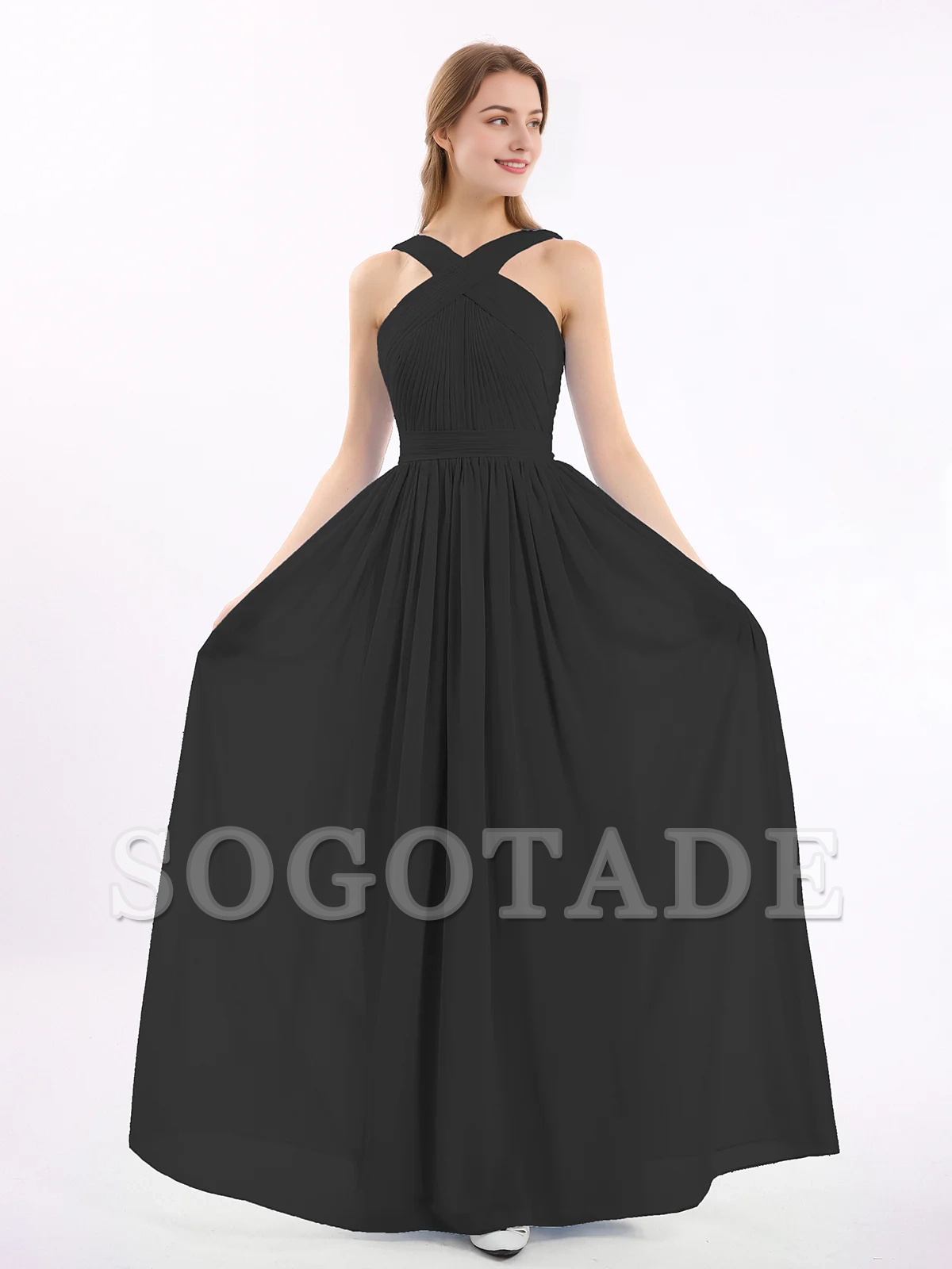Bow front cross chiffon long dress