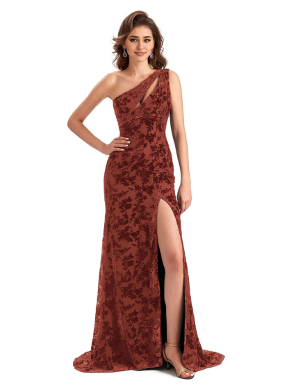 Elegant One Shoulder Mermaid Side Slit Floral Velvet Unique Long Bridesmaid Dresses