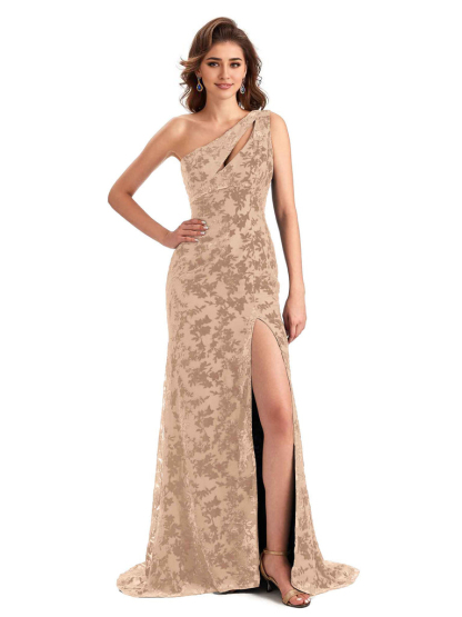Elegant One Shoulder Mermaid Side Slit Floral Velvet Unique Long Bridesmaid Dresses