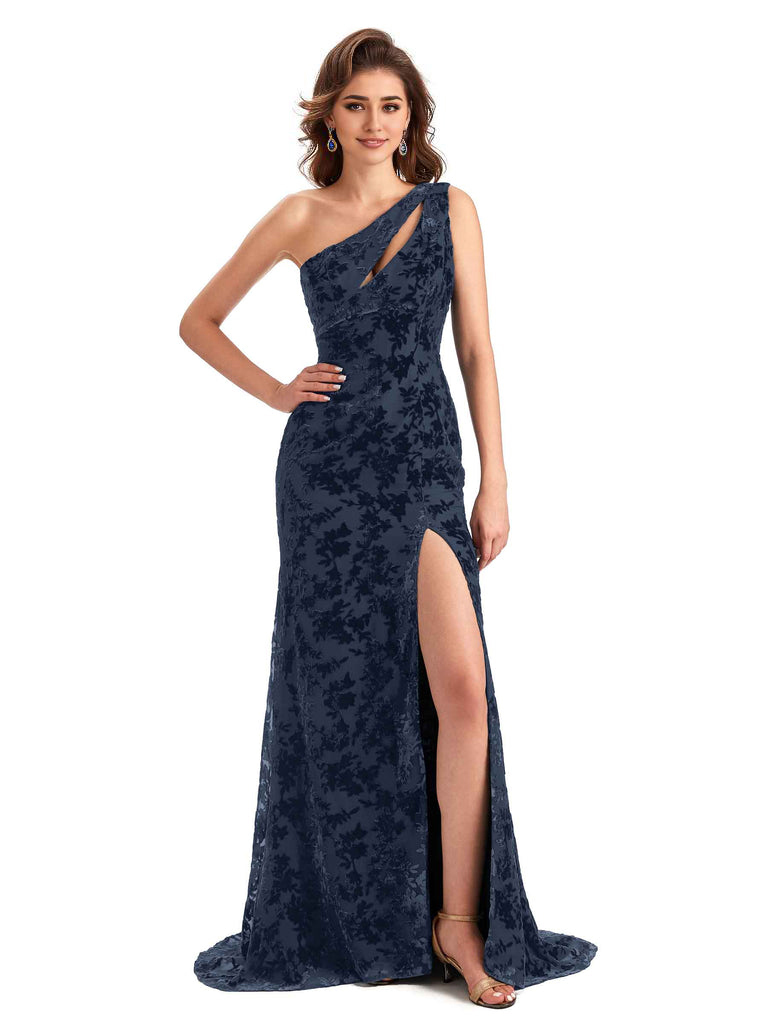 Elegant One Shoulder Mermaid Side Slit Floral Velvet Unique Long Bridesmaid Dresses