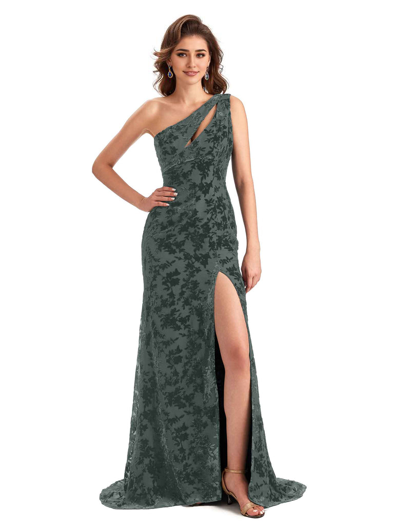 Elegant One Shoulder Mermaid Side Slit Floral Velvet Unique Long Bridesmaid Dresses