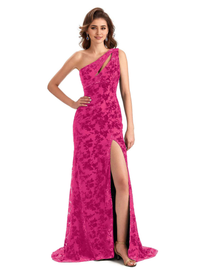 Elegant One Shoulder Mermaid Side Slit Floral Velvet Unique Long Bridesmaid Dresses