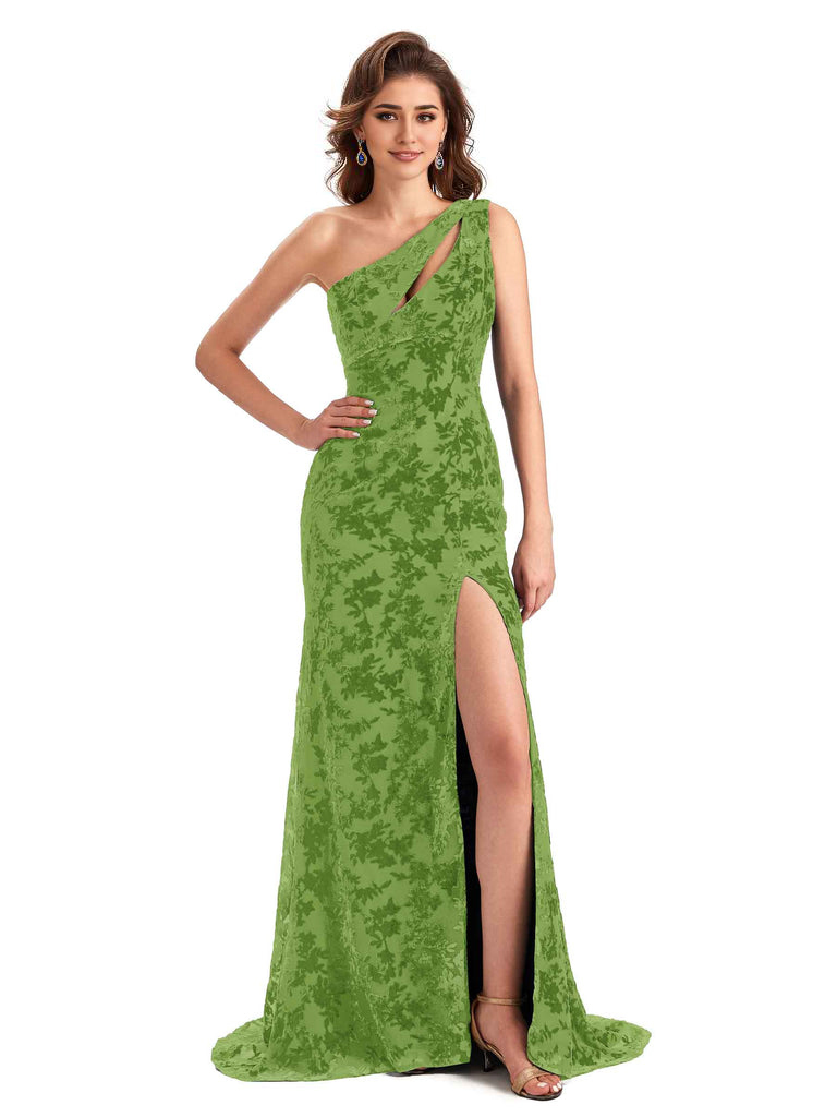 Elegant One Shoulder Mermaid Side Slit Floral Velvet Unique Long Bridesmaid Dresses