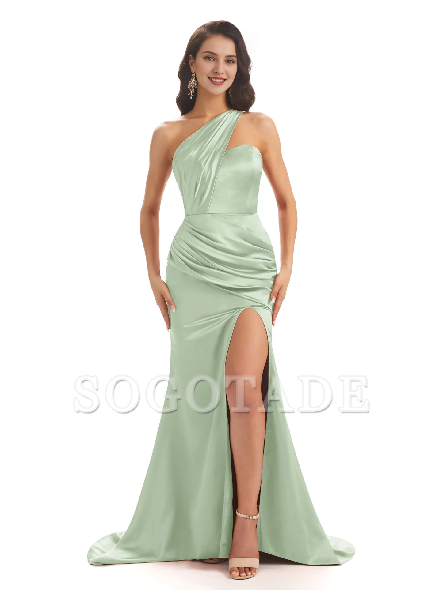 Sexy soft satin side slit one shoulder long fish tail bridesmaid dress