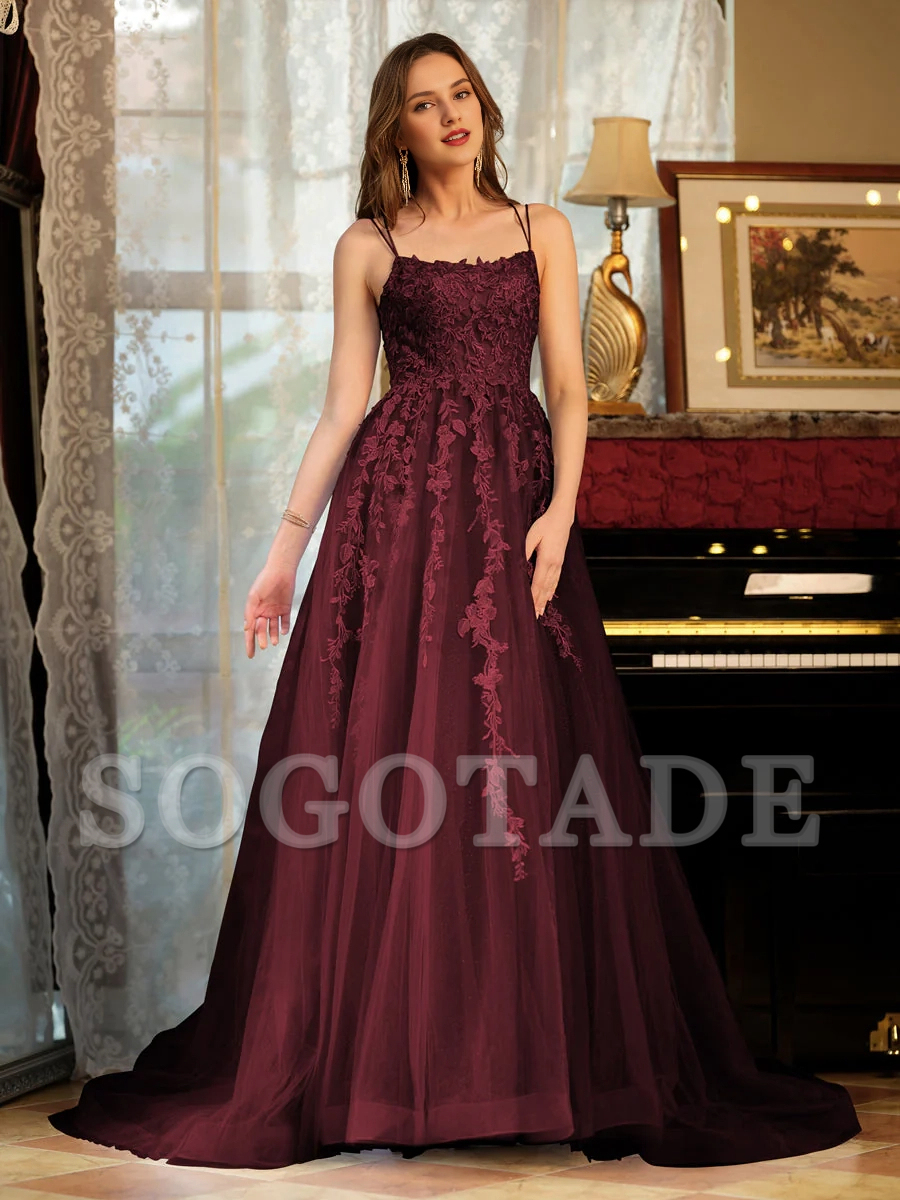 A-line princess chiffon thin shoulder strap embroidered long ball dress