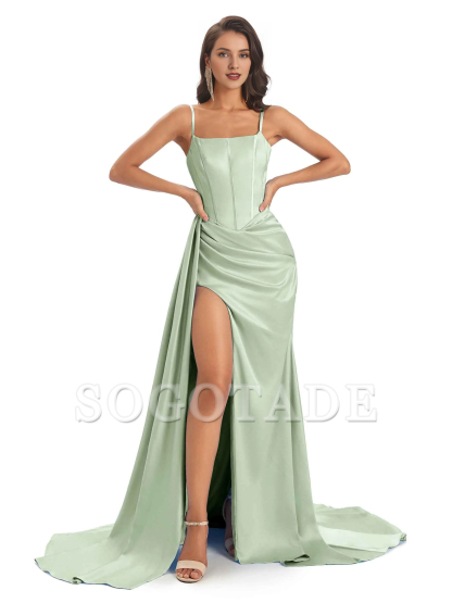Sexy and soft satin side slit thin shoulder strap long mermaid unique bridesmaid dress