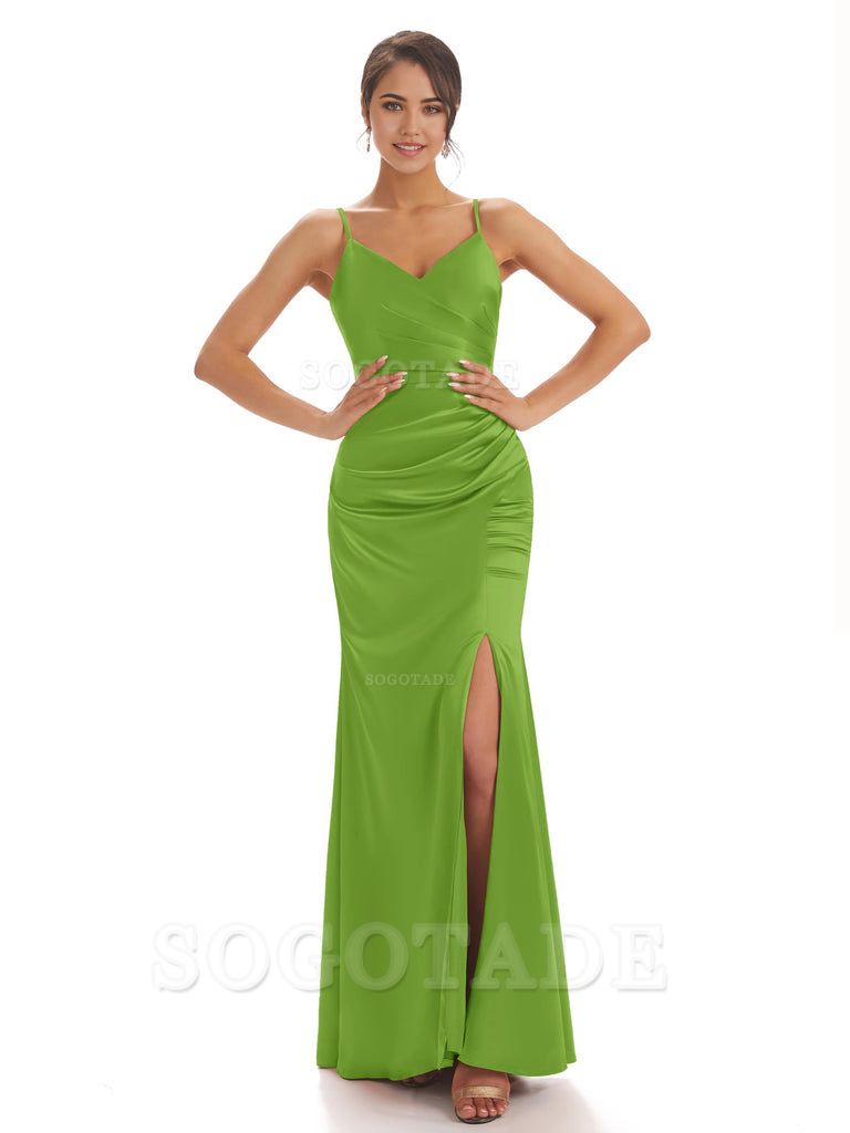 Spaghetti Straps Pleats Satin formal dresses evening gown Bridesmaid Dresses With Side Slit 