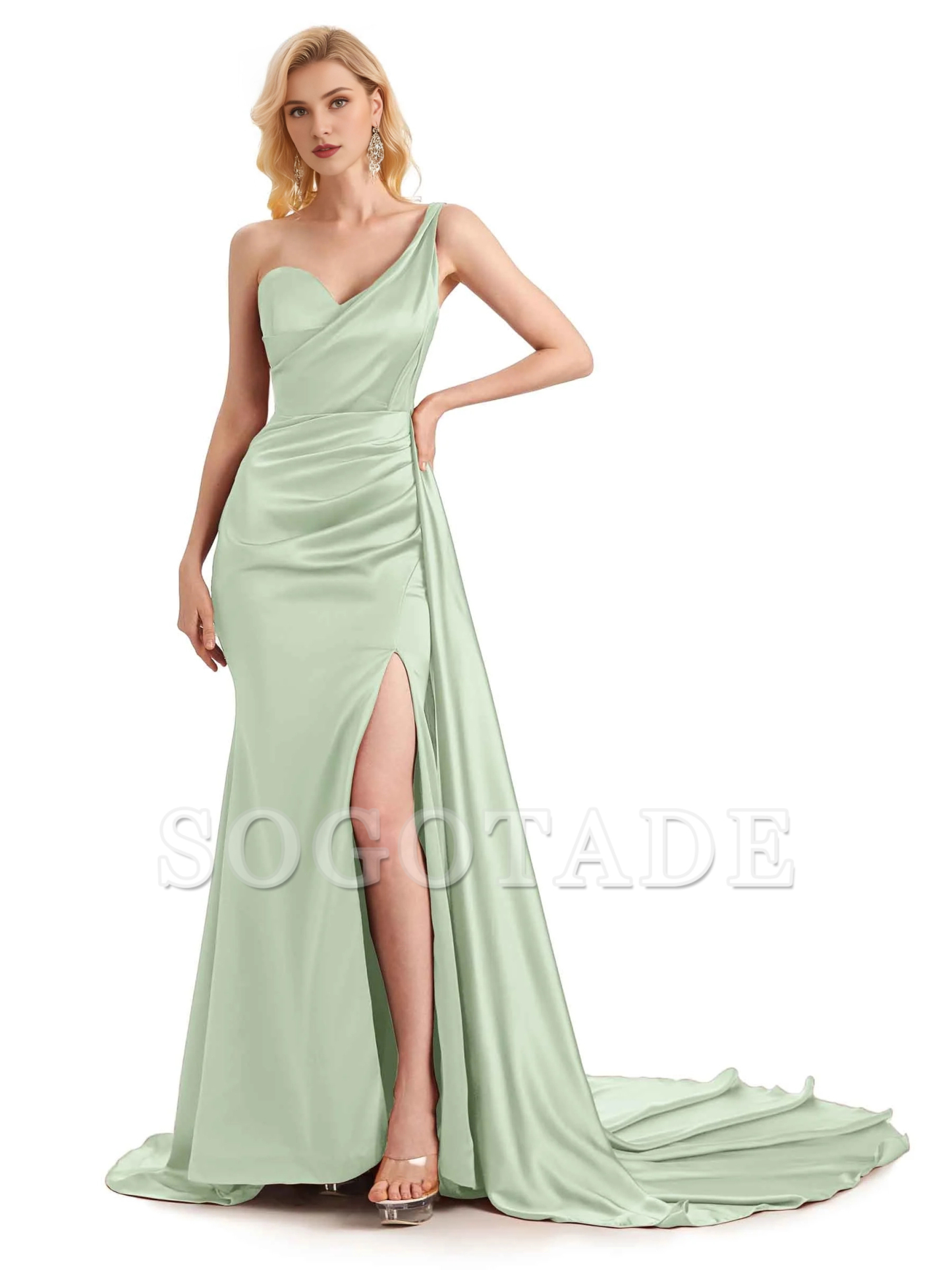 Sexy side slit shoulder long soft satin unique mermaid bridesmaid dress