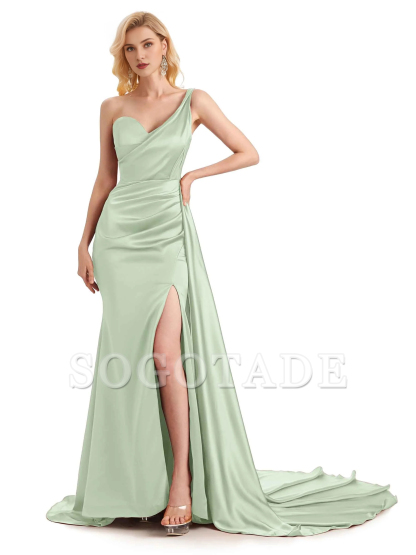Sexy side slit shoulder long soft satin unique mermaid bridesmaid dress