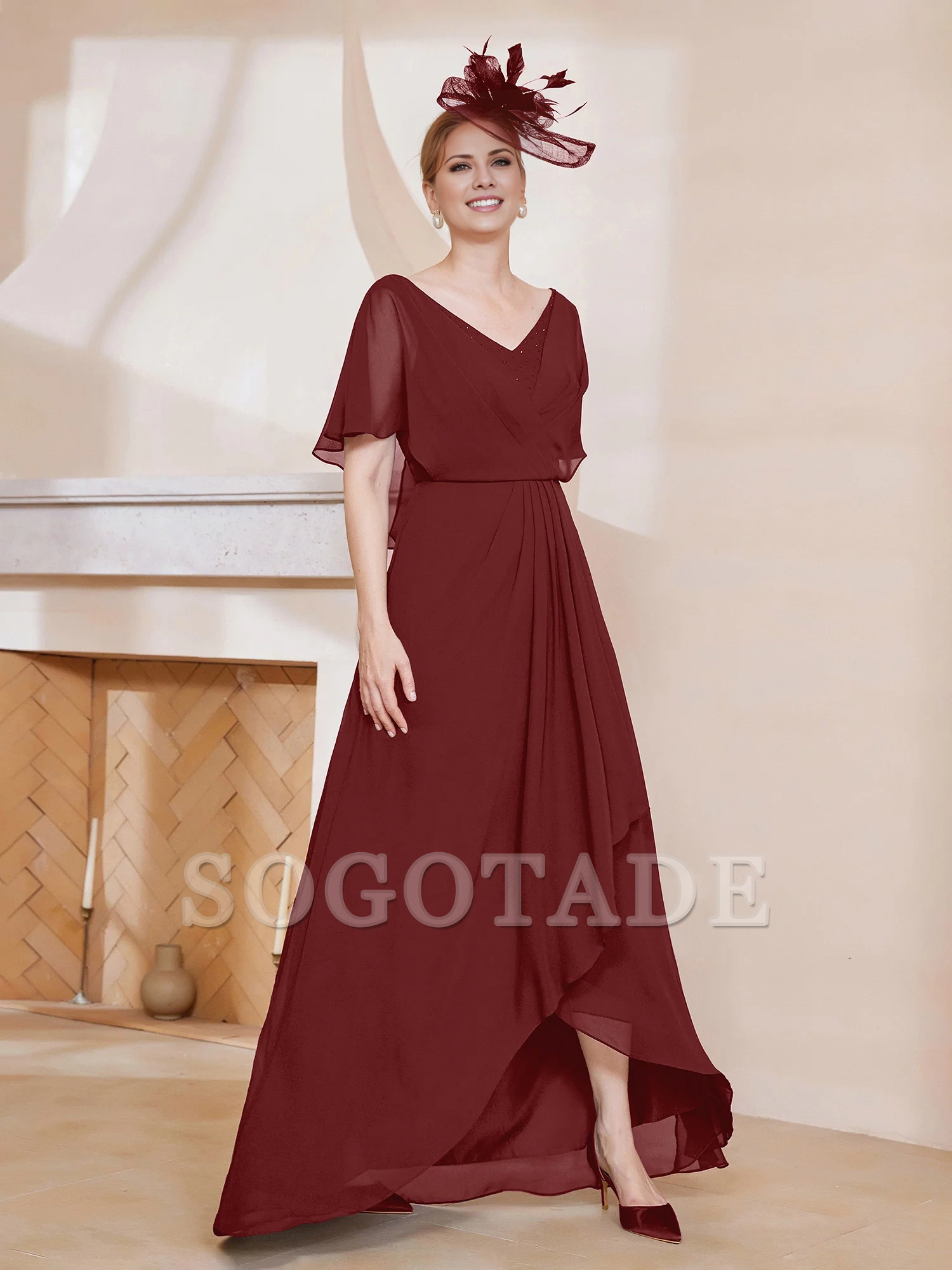 V-neck ruffle sleeves asymmetrical mother of the bride dress