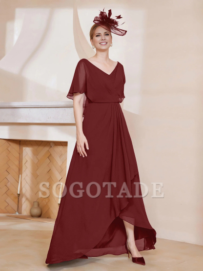 V-neck ruffle sleeves asymmetrical mother of the bride dress