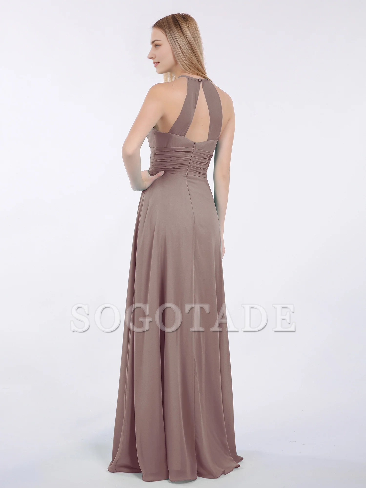 Hanging neck chiffon extra long bridesmaid dress
