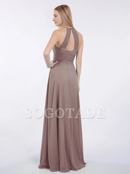 Hanging neck chiffon extra long bridesmaid dress