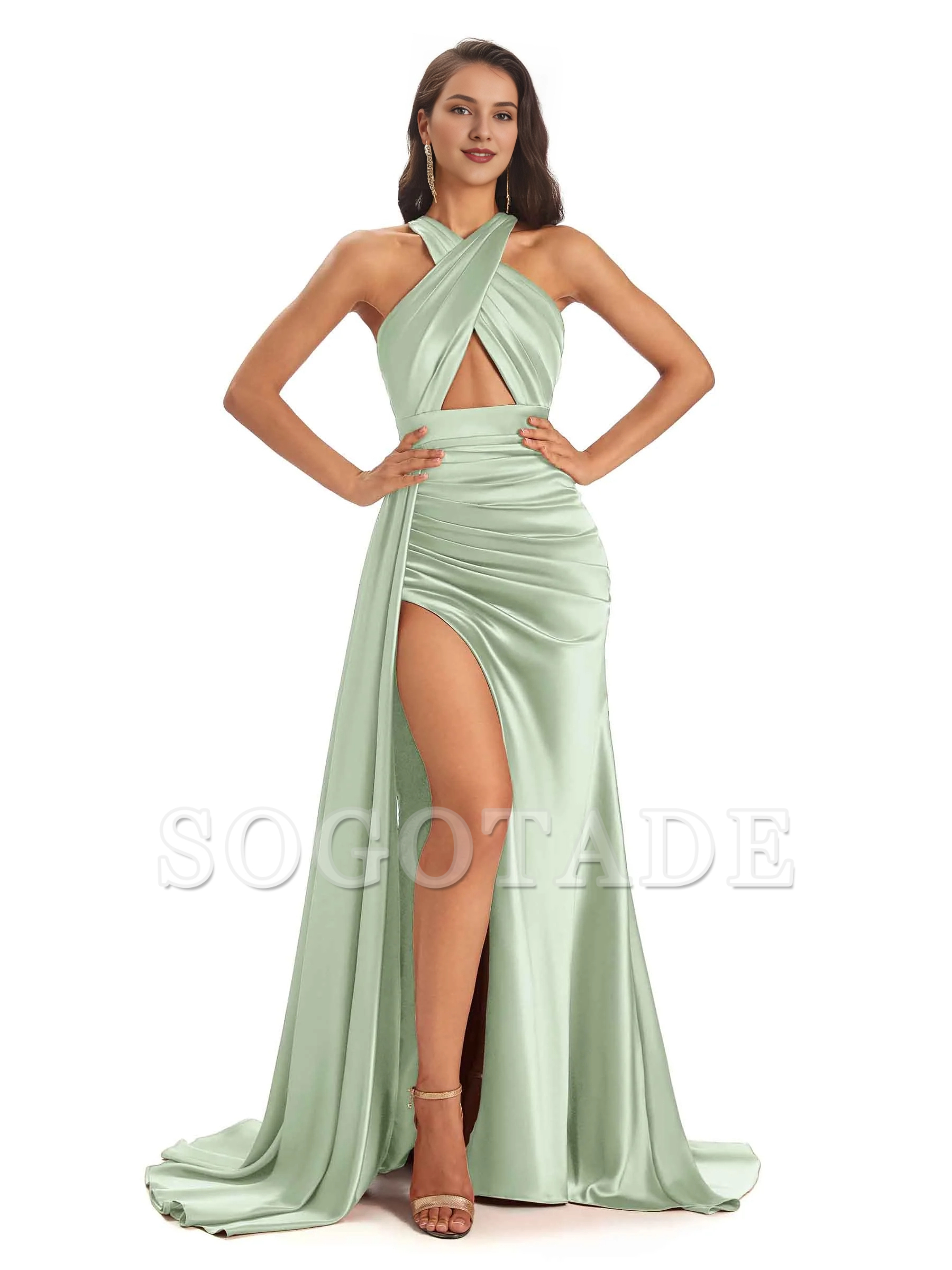 Sexy and soft satin hanging neck side slit and floor length fish tail bridesmaid dress