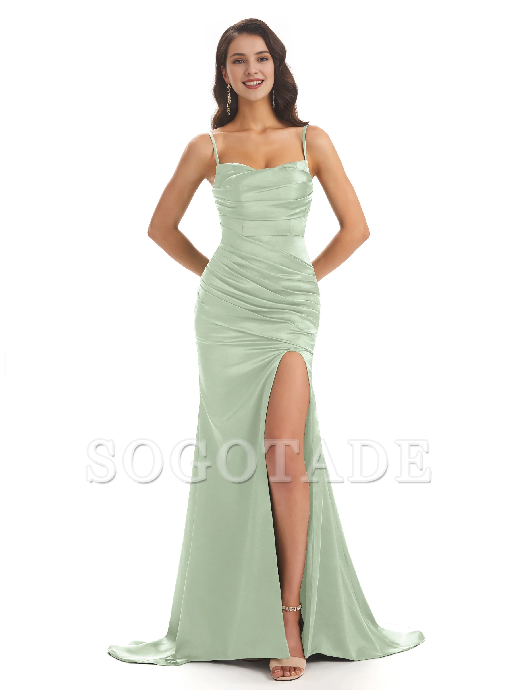 Sexy mermaid soft satin thin shoulder strap side slit bridesmaid dress