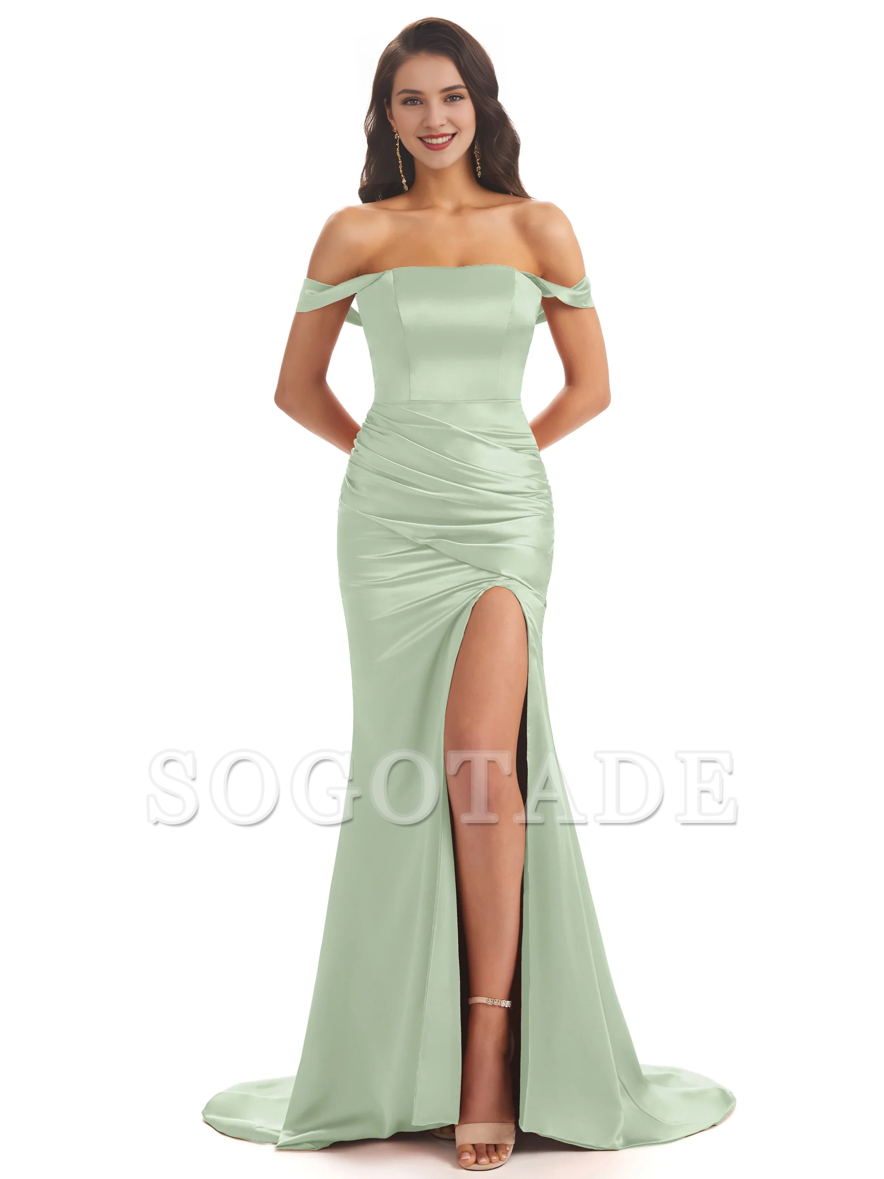 Sexy soft satin off shoulder side slit and floor length fishtail bridesmaid dress
