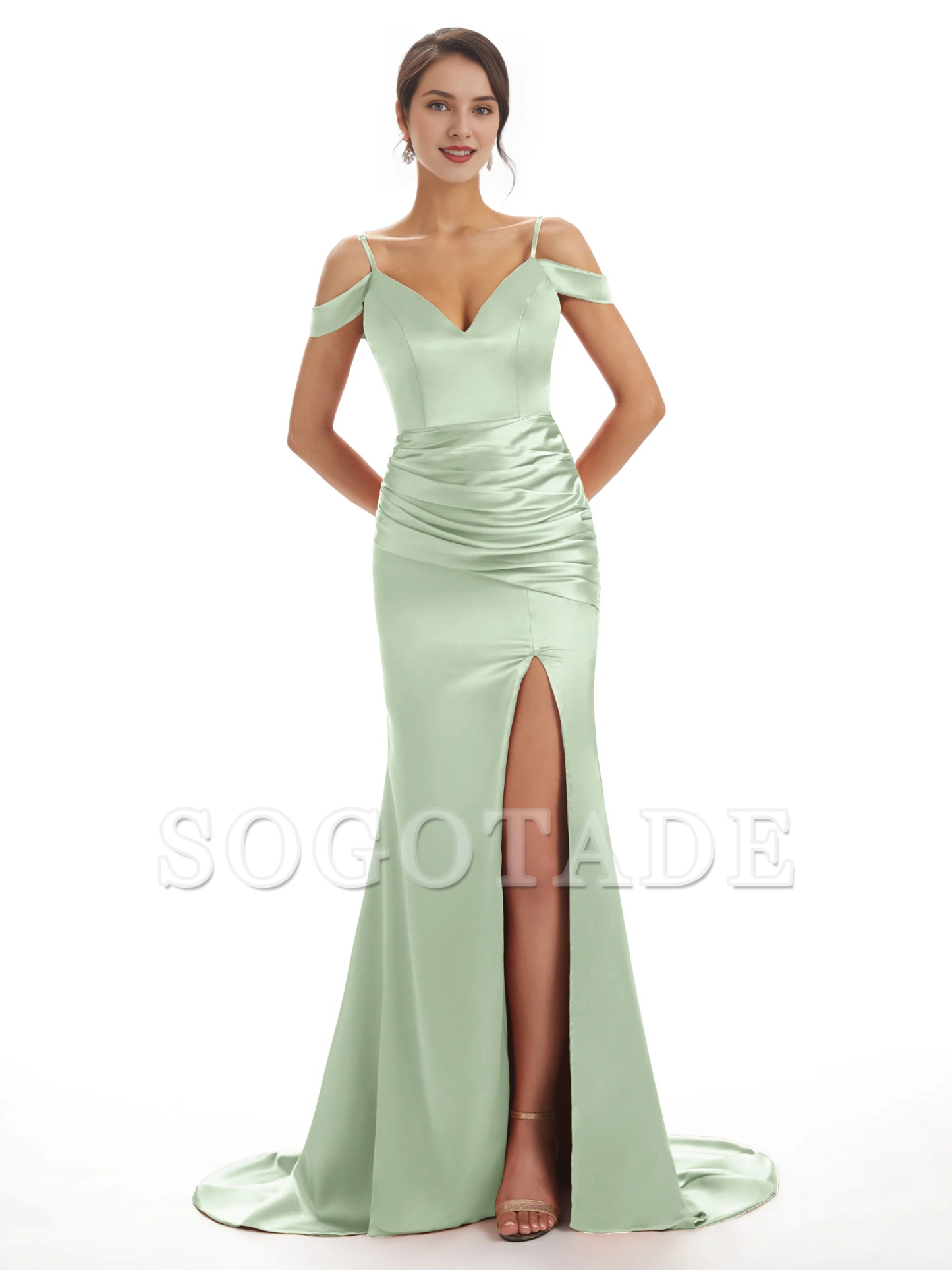 Sexy off shoulder soft satin side slit long fish tail bridesmaid dress