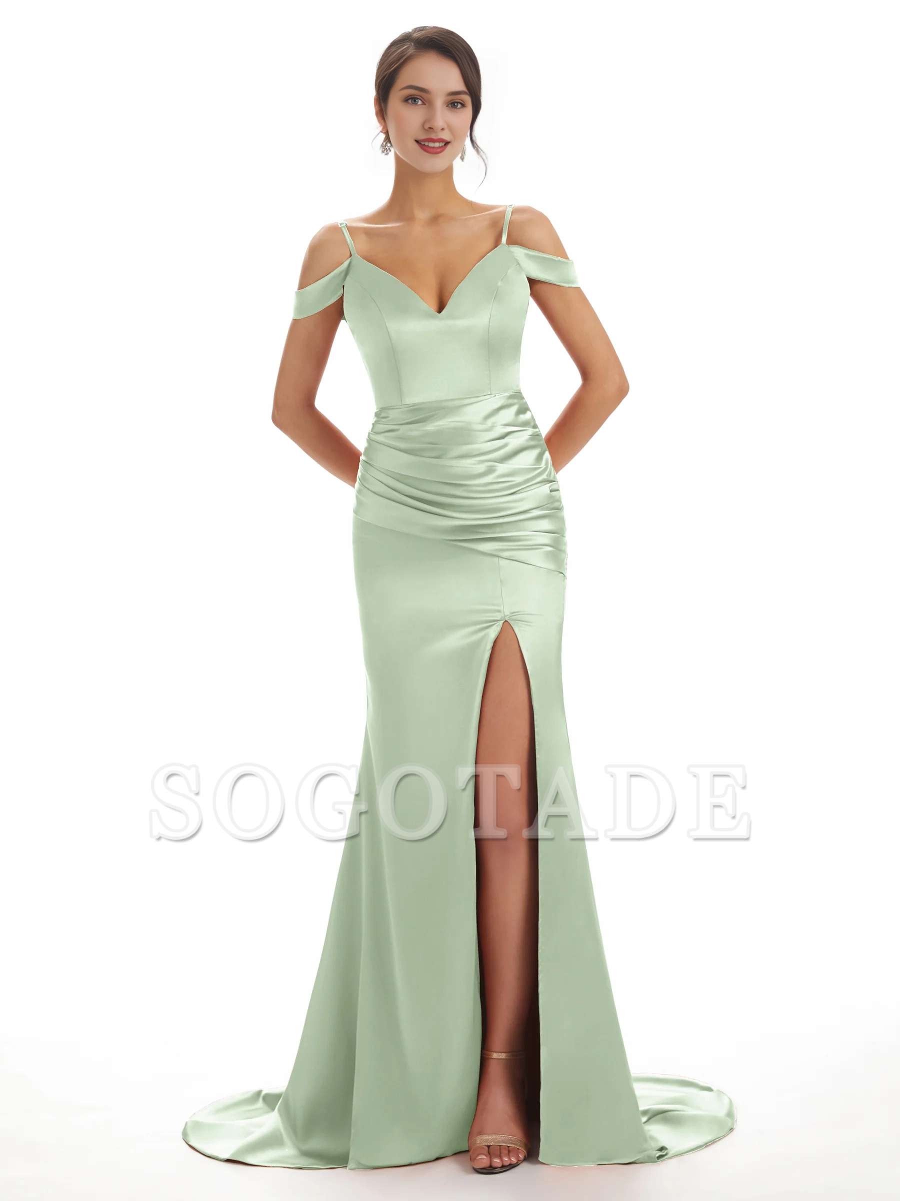 Sexy off shoulder soft satin side slit long fish tail bridesmaid dress