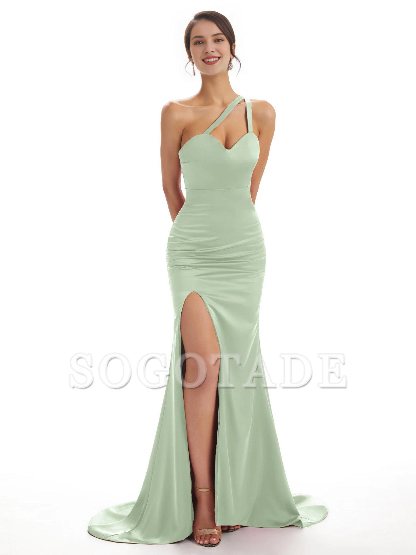 Sexy shoulder soft satin side slit fish tail long bridesmaid dress