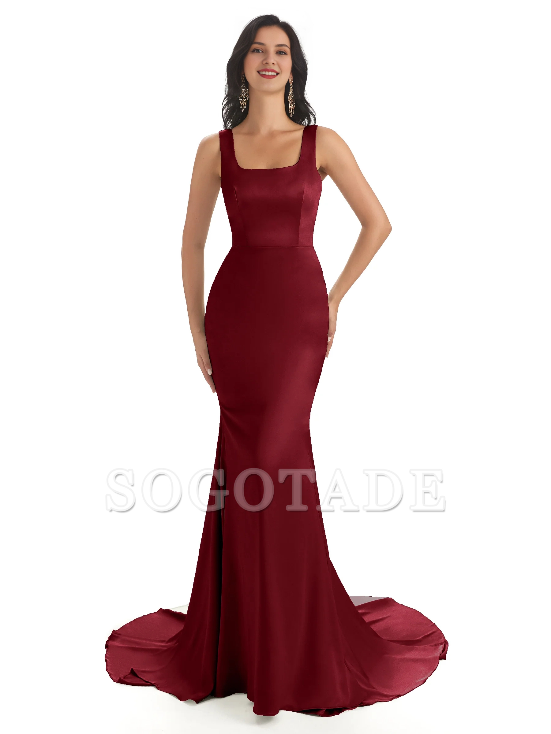Soft satin unique square neck extra long fish tail bridesmaid dress