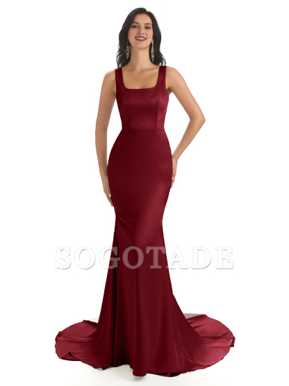 Soft satin unique square neck extra long fish tail bridesmaid dress