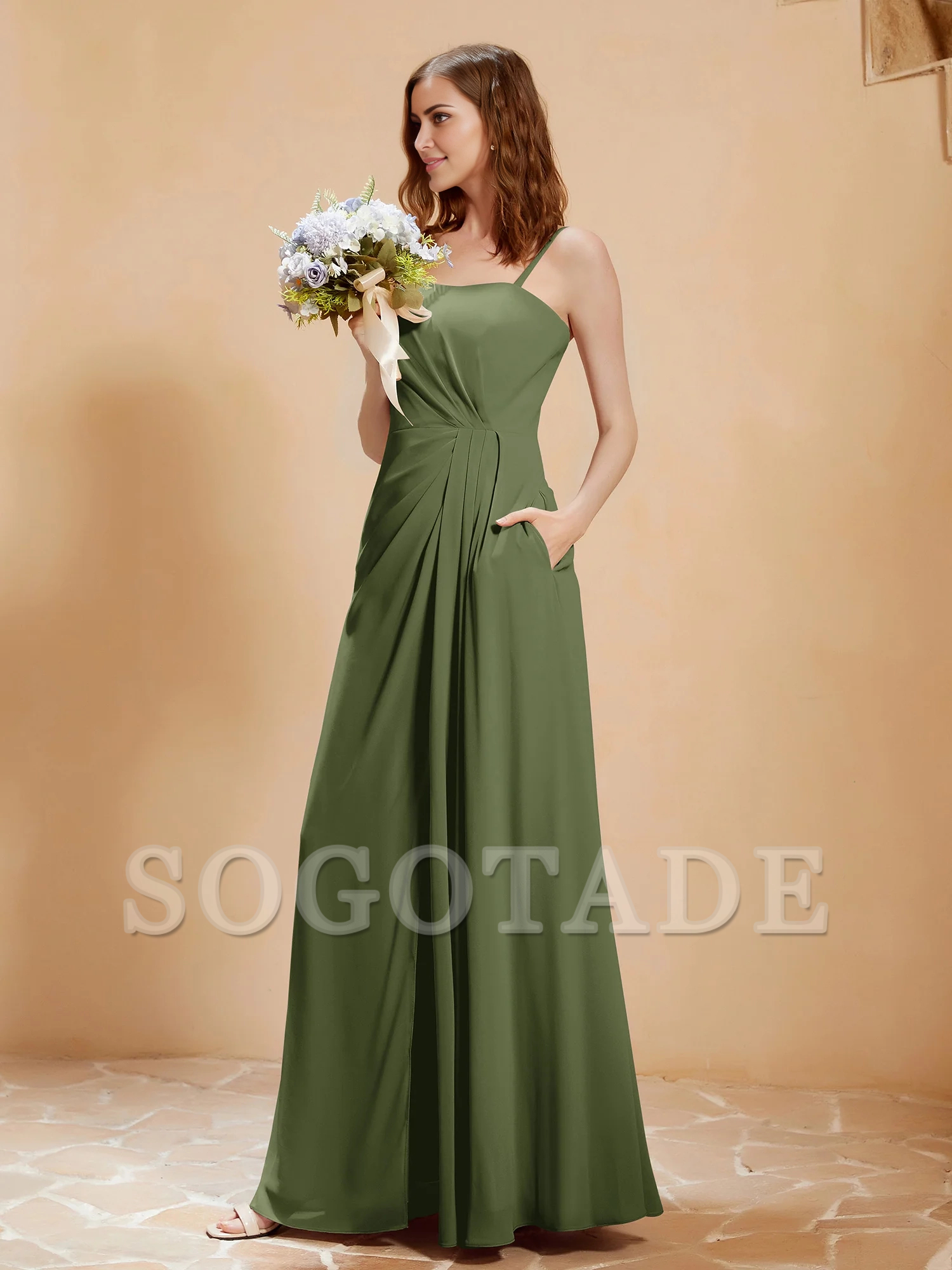 Square collar A-line pocket chiffon dress