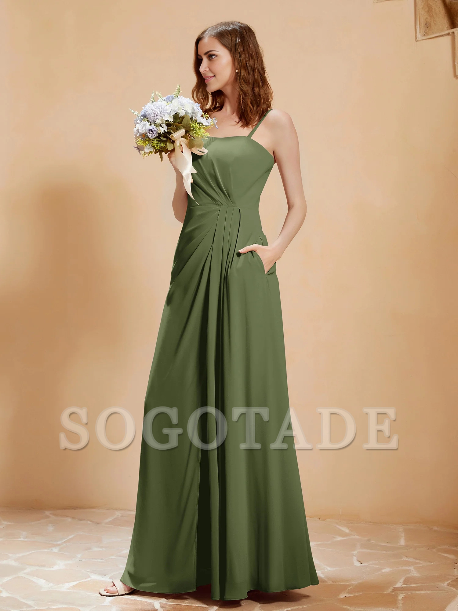 Square collar A-line pocket chiffon dress