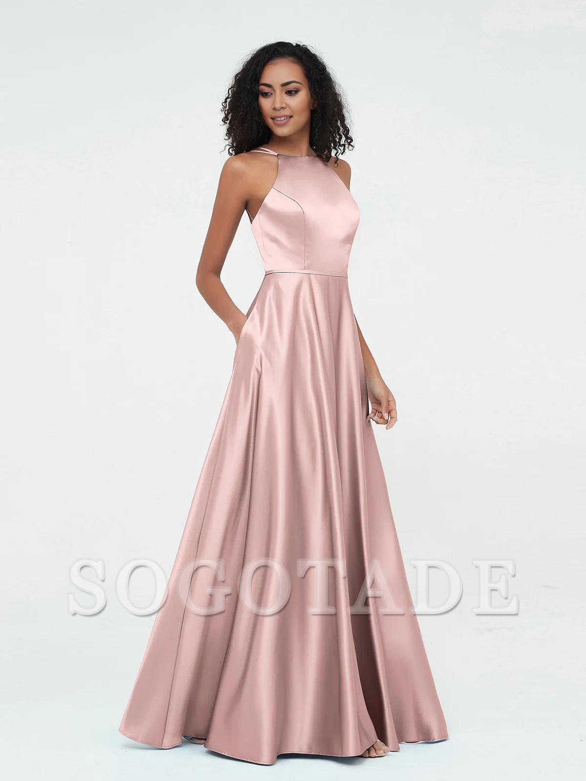 A-line hanging neck large pocket satin dress-SOGOTADE