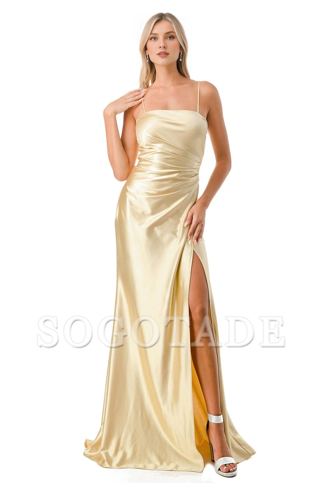 Fitted slit skirt rectangular collar satin dress