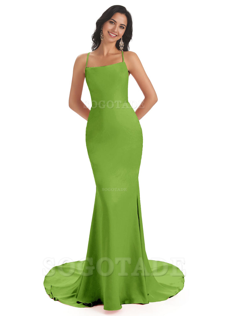 Mermaid Spaghetti Backless Straps Satin Long formal dresses evening gown Bridesmaid Dresses
