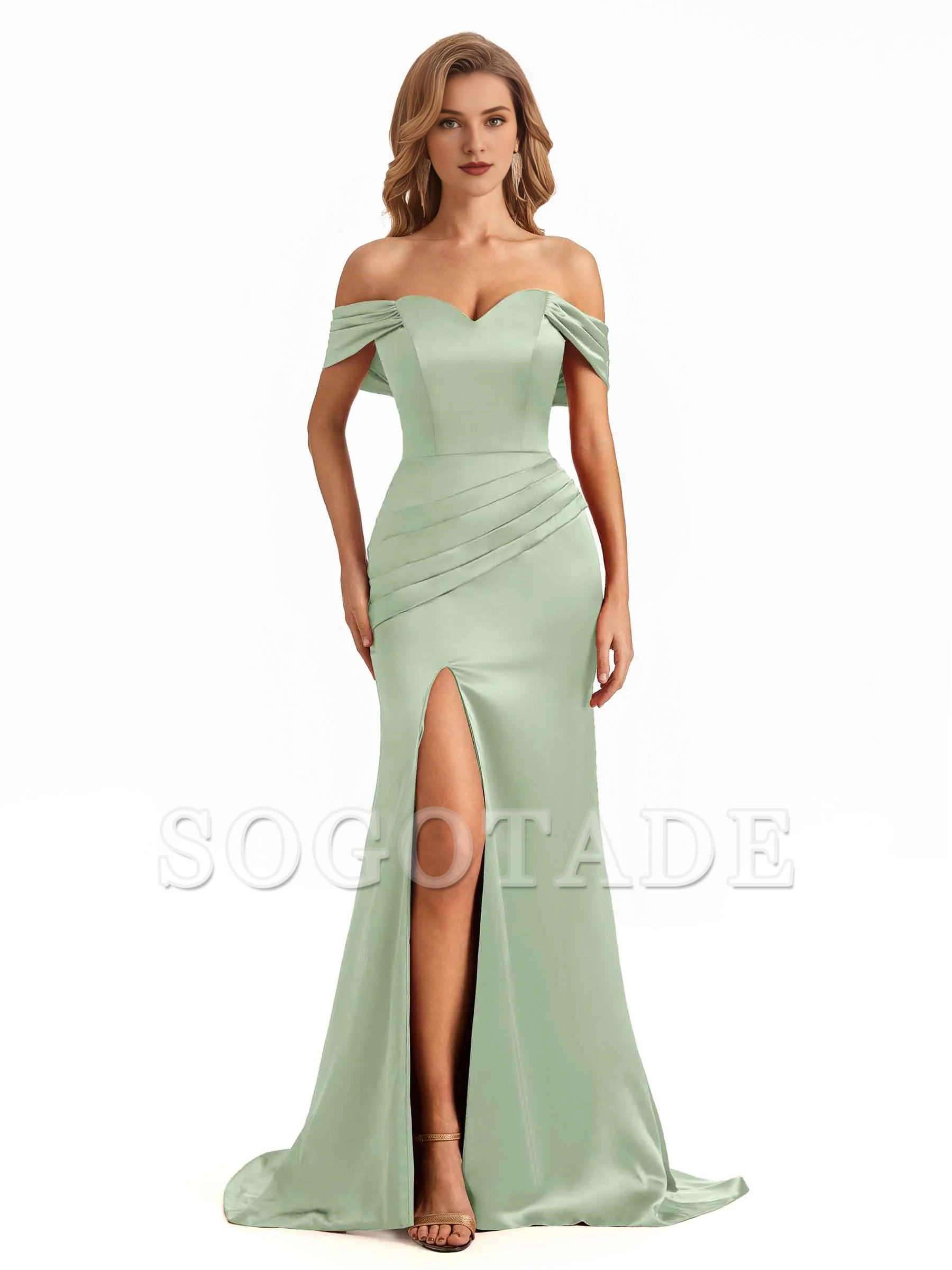 Sexy side slit mermaid off shoulder V-neck extra long soft satin bridesmaid dress