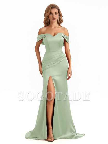 Sexy side slit mermaid off shoulder V-neck extra long soft satin bridesmaid dress