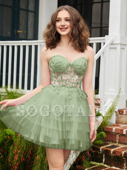 Transparent decal tight corset layered sheer short Homecoming dress