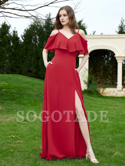 V-neck ruffled chiffon A-line dress