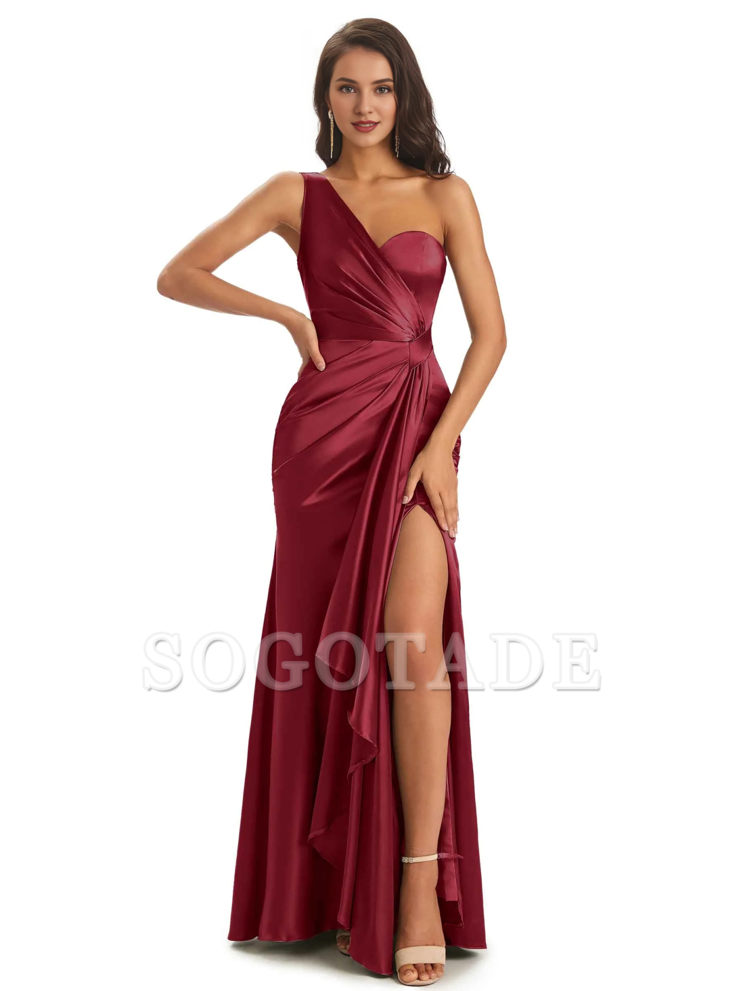 Elegant and soft satin side slit one shoulder unique fish tail bridesmaid dress
