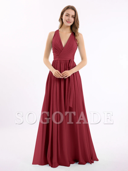 Deep V-neck belt bow chiffon dress