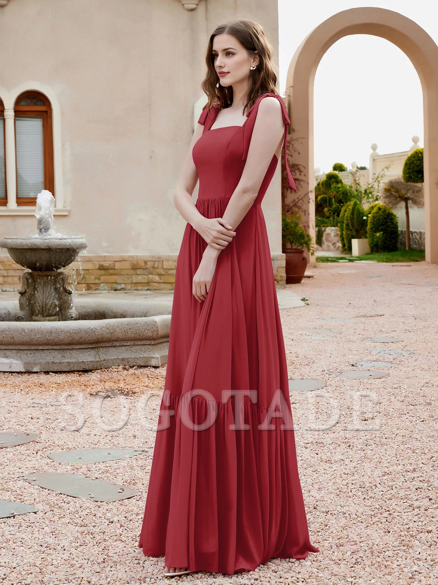 A-line butterfly bow ruffle sleeveless chiffon bridesmaid dress-SOGOTADE