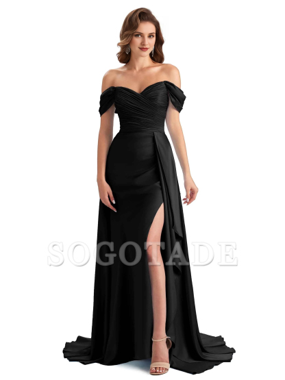 Sexy side slit mermaid soft satin off shoulder long unique bridesmaid dress