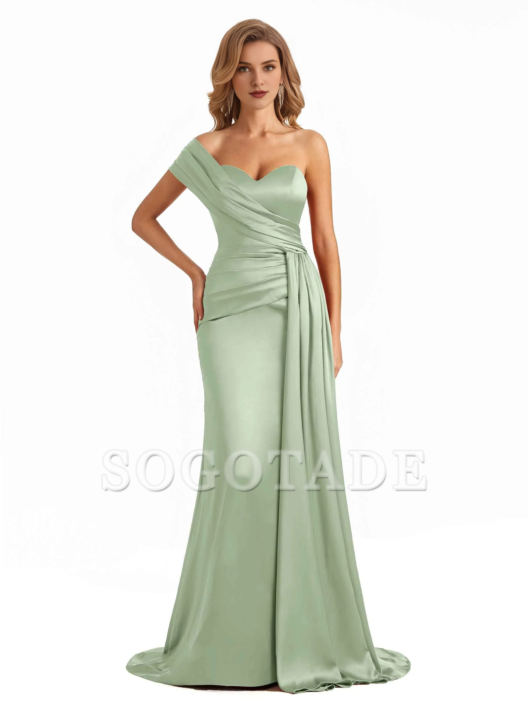 Elegant one shoulder soft satin long fish tail bridesmaid dress