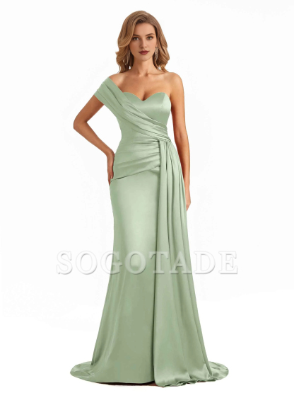 Elegant one shoulder soft satin long fish tail bridesmaid dress